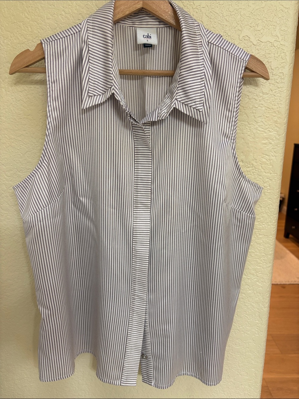 CAbi Sleeveless Button-Down Shirt in White and Gray Pinstripes
